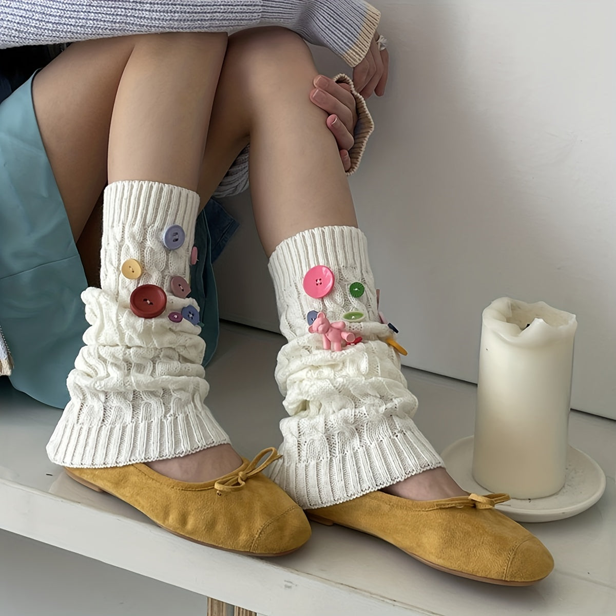Colorful Button Decor Knitted Leg Warmers Knee High Socks Women's Stockings