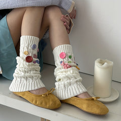 Colorful Button Decor Knitted Leg Warmers Knee High Socks Women's Stockings