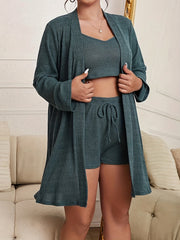 Ribbed Knit Lounge Set with Crop Cami Top & Shorts & Robe Pajama Set