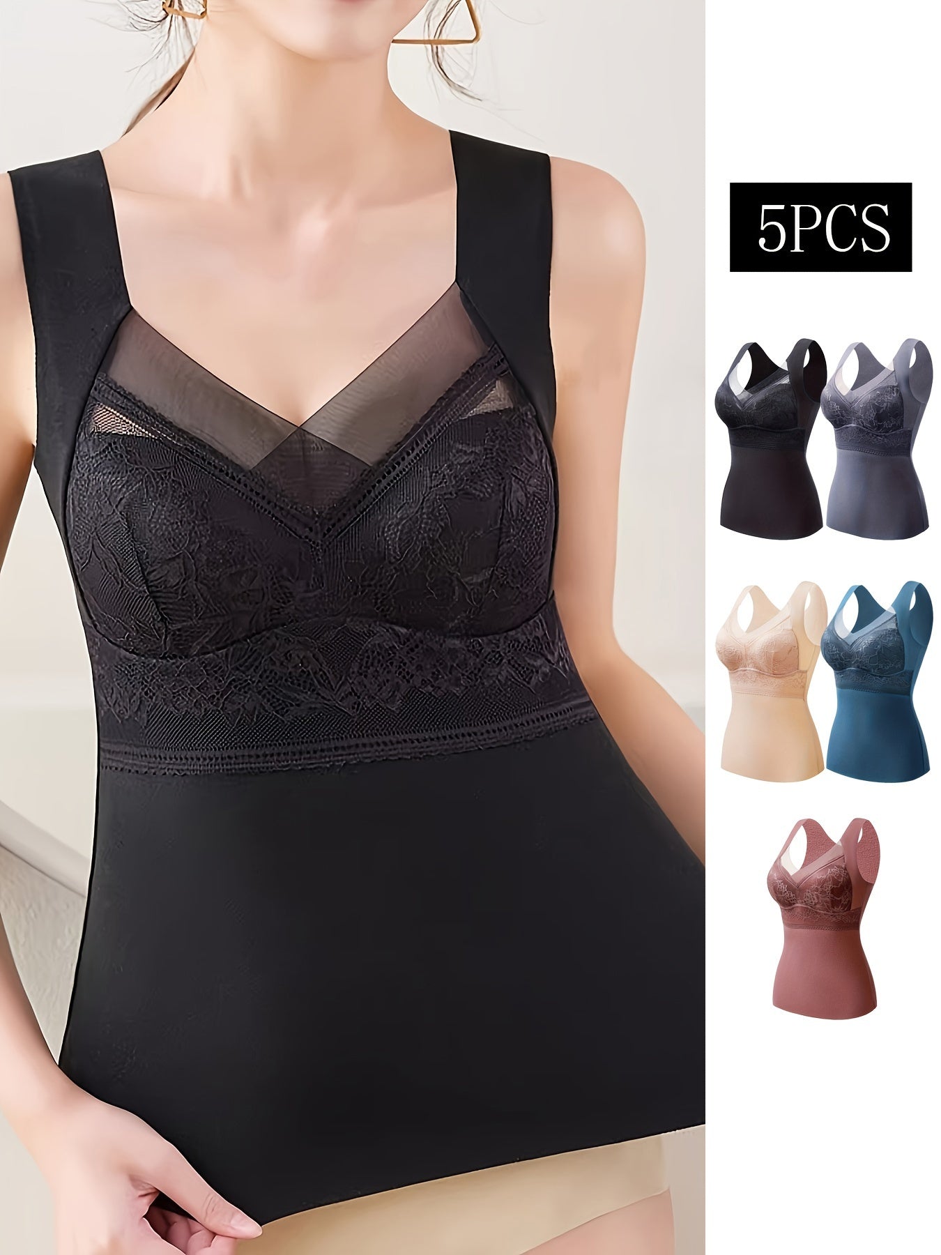 5pcs Contrast Lace Thermal Underwear V Neck Sleeveless Padded Top
