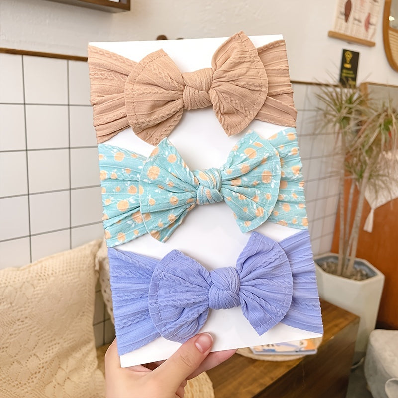 3pcs Jacquard Wide Edge Bow Elastic Headband Soft Printed Nylon Headscarf