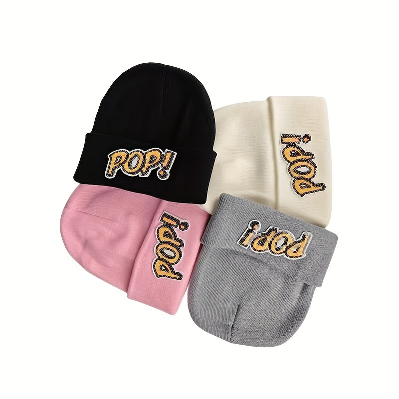 POP Sequin Decor Beanie Solid Elastic Knit Hat Lightweight Warm Skull Cap