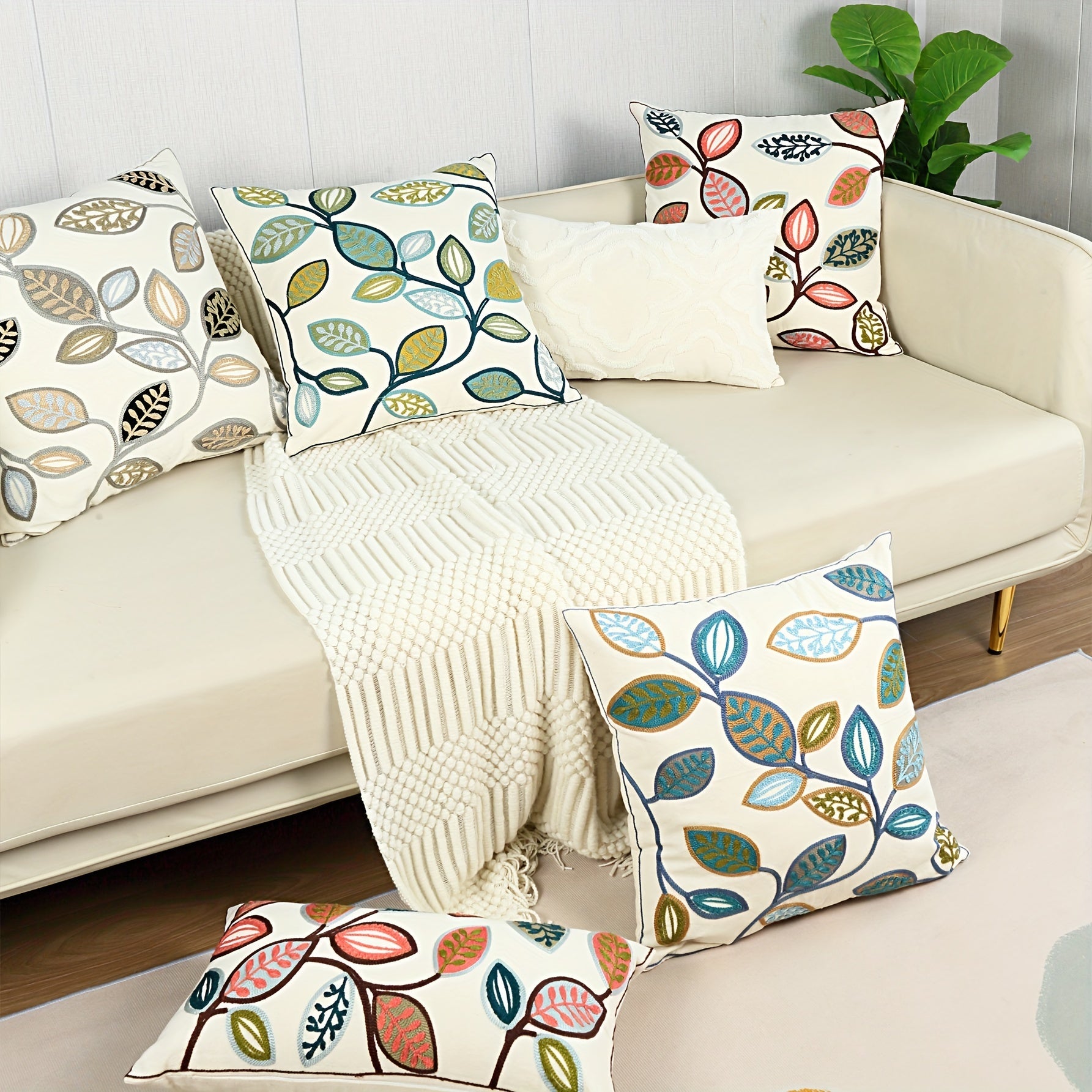 Colorful Leaves and Flowers Embroidered Pillow Cover