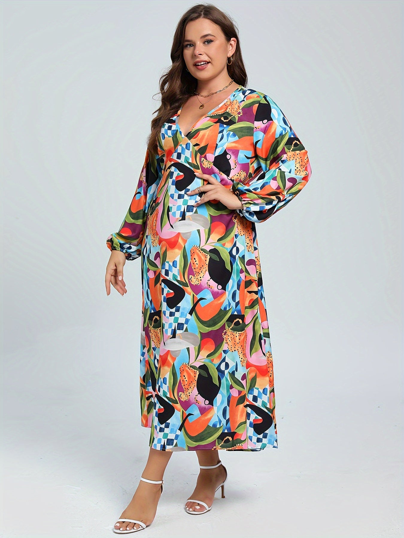 Women's Plus Floral & Geo Print Lantern Sleeve V Neck Maxi Dress
