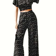 Crop Top & Wide Leg Pants Set Short Sleeve Outfit Women's Clothing