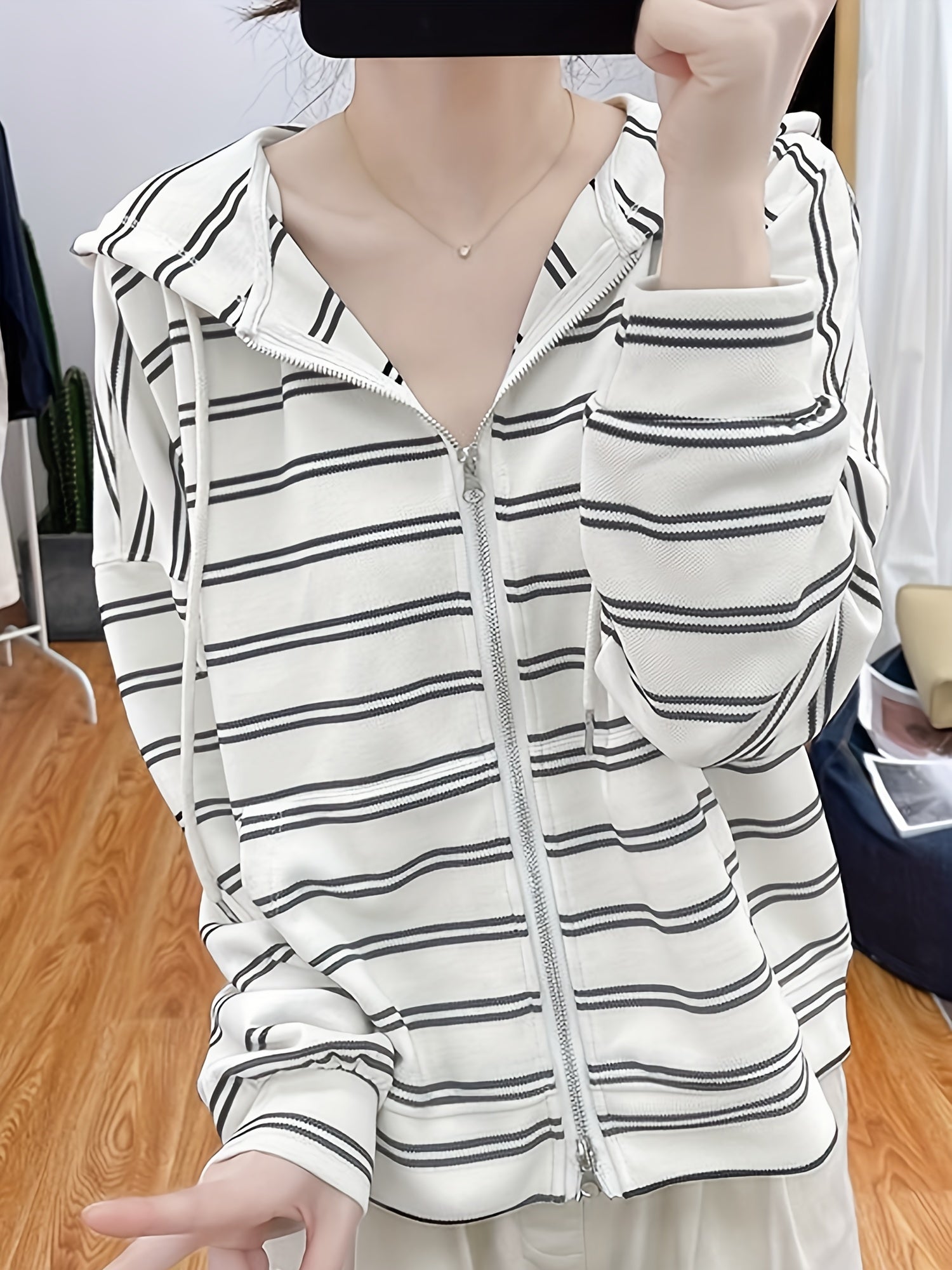 Striped Hoodie Print Zip Up Sweatshirt Spring & Fall Women's Clothing