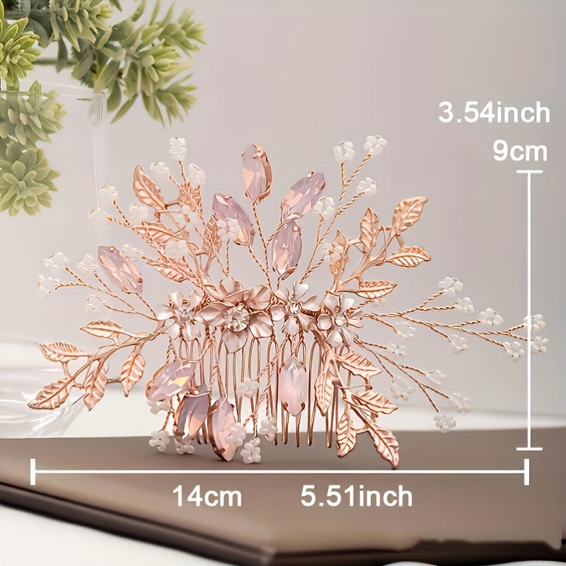 Rose Gold Hair Comb Floral Crystal Leaf Bridal Wedding Headpiece