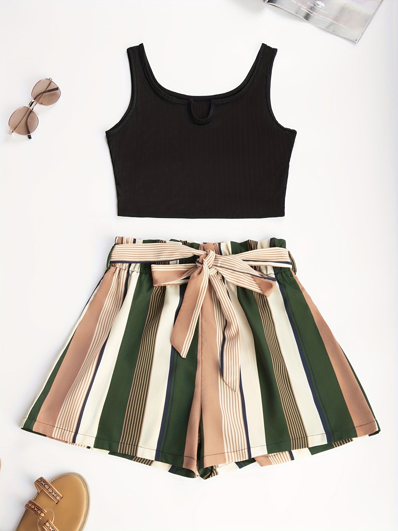 Spring & Summer Two piece Set Tank Top & Striped Print Shorts