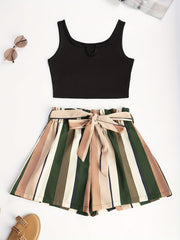 Spring & Summer Two piece Set Tank Top & Striped Print Shorts