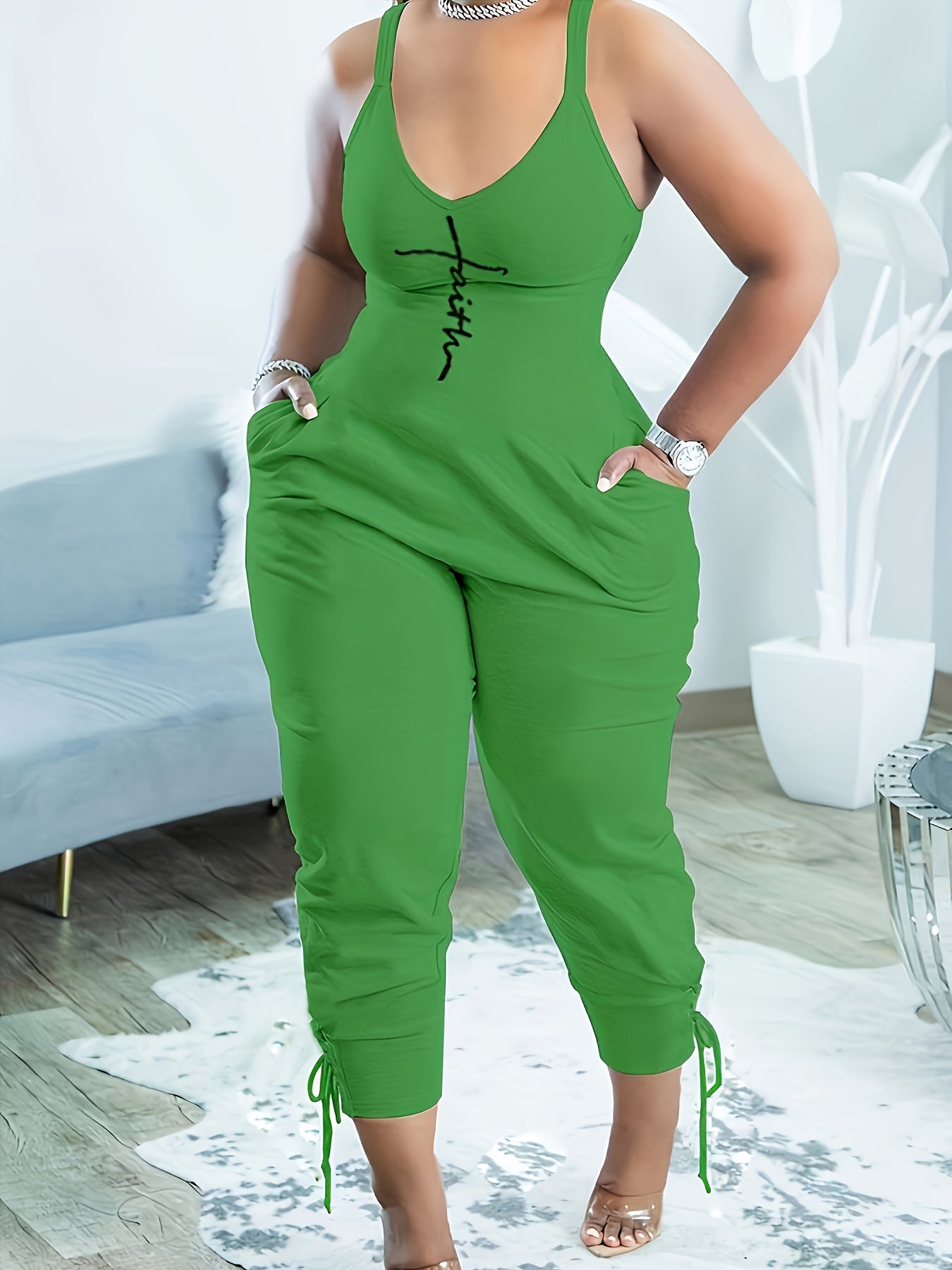 Letter Print V Neck Cami Jumpsuit