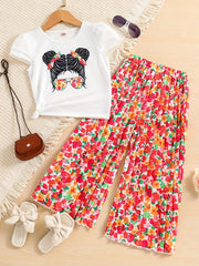 Girls Cartoon Portrait Print T-shirt & Polka Dot Pants Set for Summer