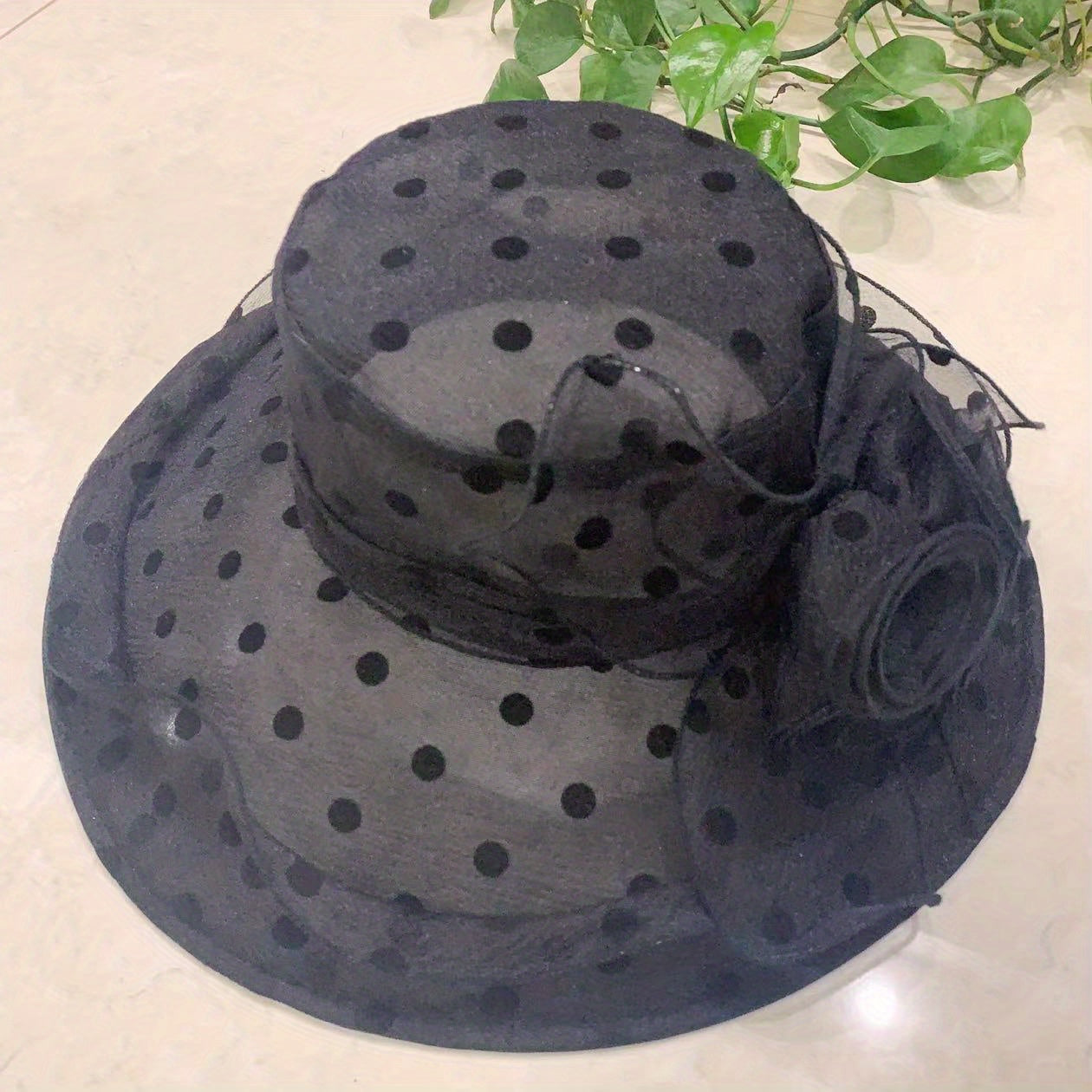 Polka Dot Organza Sun Hat Wide Brim Lace Ruffles Derby Hat