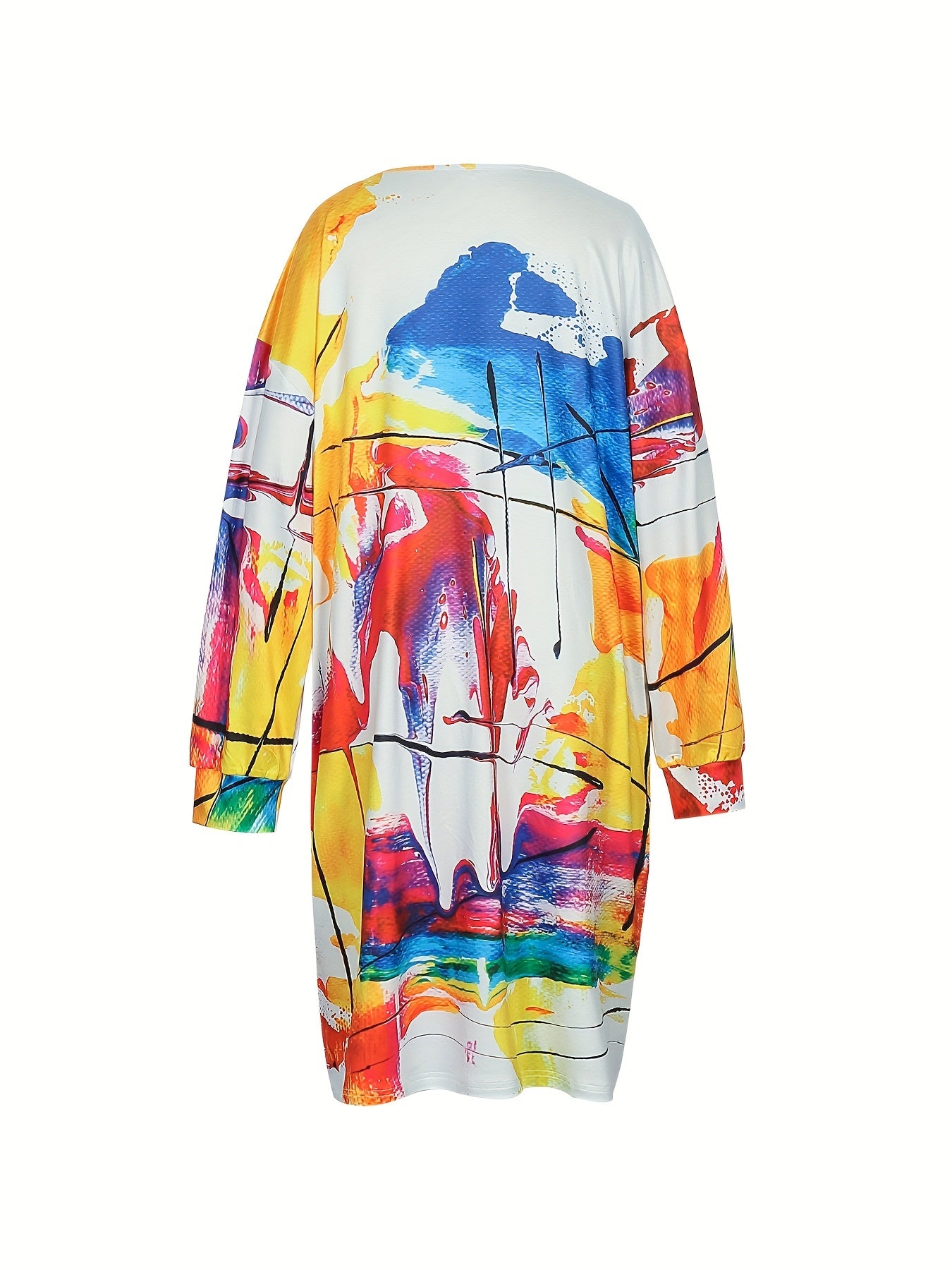 Women's Plus Colorblock Print Long Sleeve V Neck Dress With Pockets