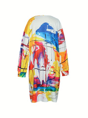 Women's Plus Colorblock Print Long Sleeve V Neck Dress With Pockets