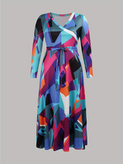 Women's Geo Print Long Sleeve Wrap V Neck Dress