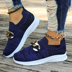 Woven Slip-On Sneakers with Chain Decor Women's Casual Shoes