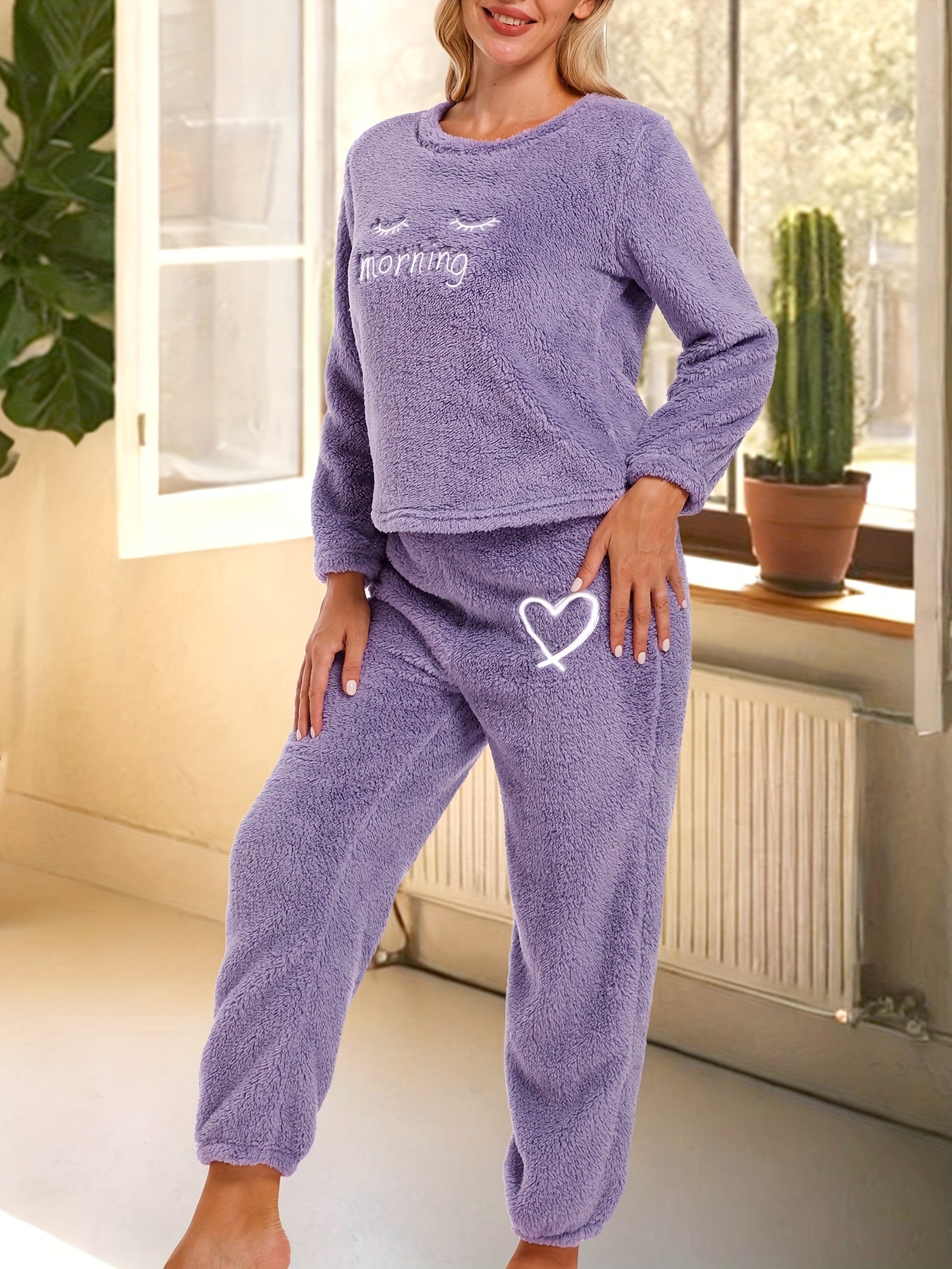Cozy Fuzzy Pajama Set Long Sleeve Top & Elastic Waistband Pant