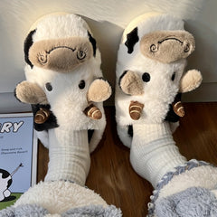 Cow Plush House Slippers Anti-Skid Slip-On Shoes