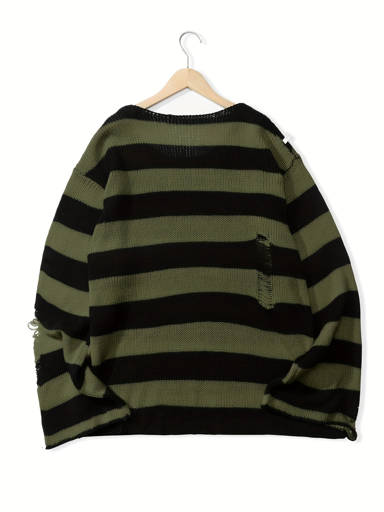 Knitted Ripped Striped Sweater Men's Warm Pullover for Fall Winter