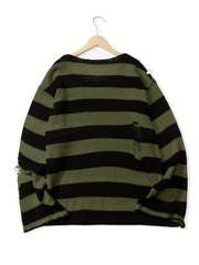 Knitted Ripped Striped Sweater Men's Warm Pullover for Fall Winter