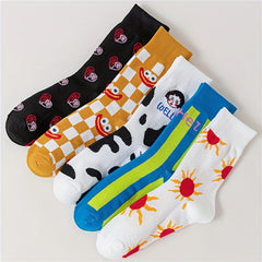 5 Pairs Cartoon Print Socks Funny & Mid Tube Socks Women's Stockings