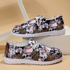 Women's Baseball Pattern Lace Up Boat Shoes Low Top Slip On Canvas Shoes