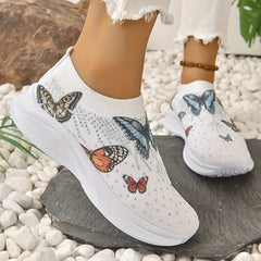 Women's Rhinestone Butterfly Print Running Sport Shoes Colorful Slip On Shoes