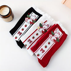3 Pairs Bunny Print Socks Cute & Ruffle Women's Stockings