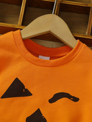 Kid's Pumpkin Print Fleece Pullover Crew Neck Sweatshirt