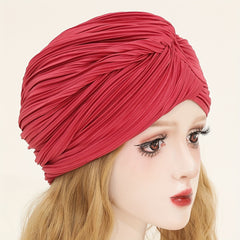 Red Pleated Turban Cap Lightweight Head Wrap Hijab Bonnet Chemo Hats
