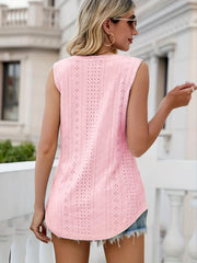 Eyelet Button Tank Top V Neck Sleeveless Summer Top