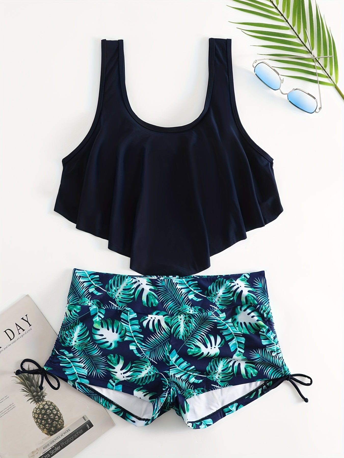 Print Ruffled Trim Tankini Set Tie Side Boxer Short 2Pc Swimsuit