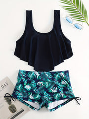 Print Ruffled Trim Tankini Set Tie Side Boxer Short 2Pc Swimsuit