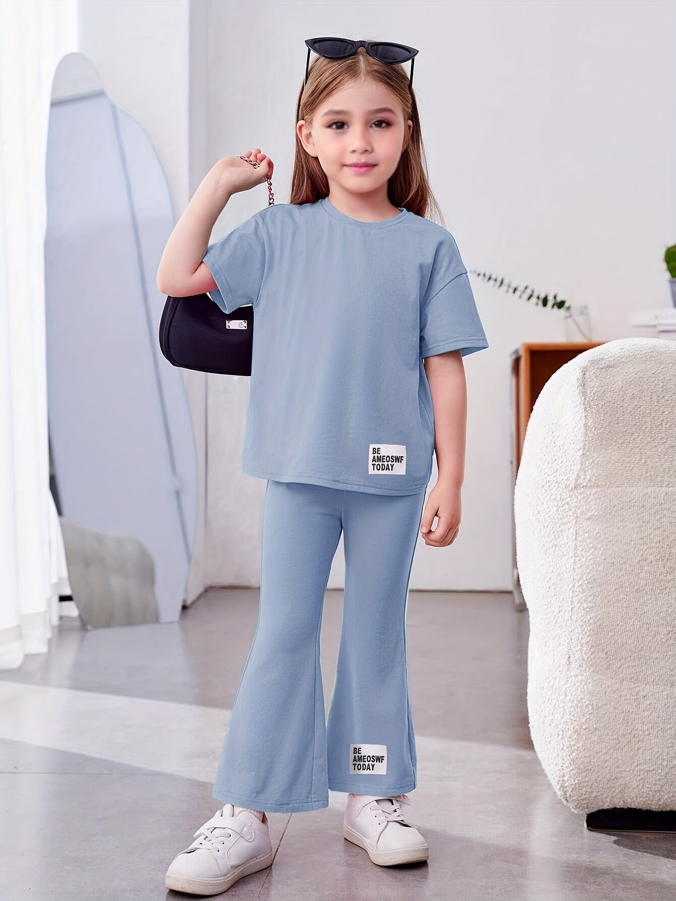 Girl's 2pcs Tshirt & Flared Pants Set BE AWESOME TODAY Patched Short Sleeve Top