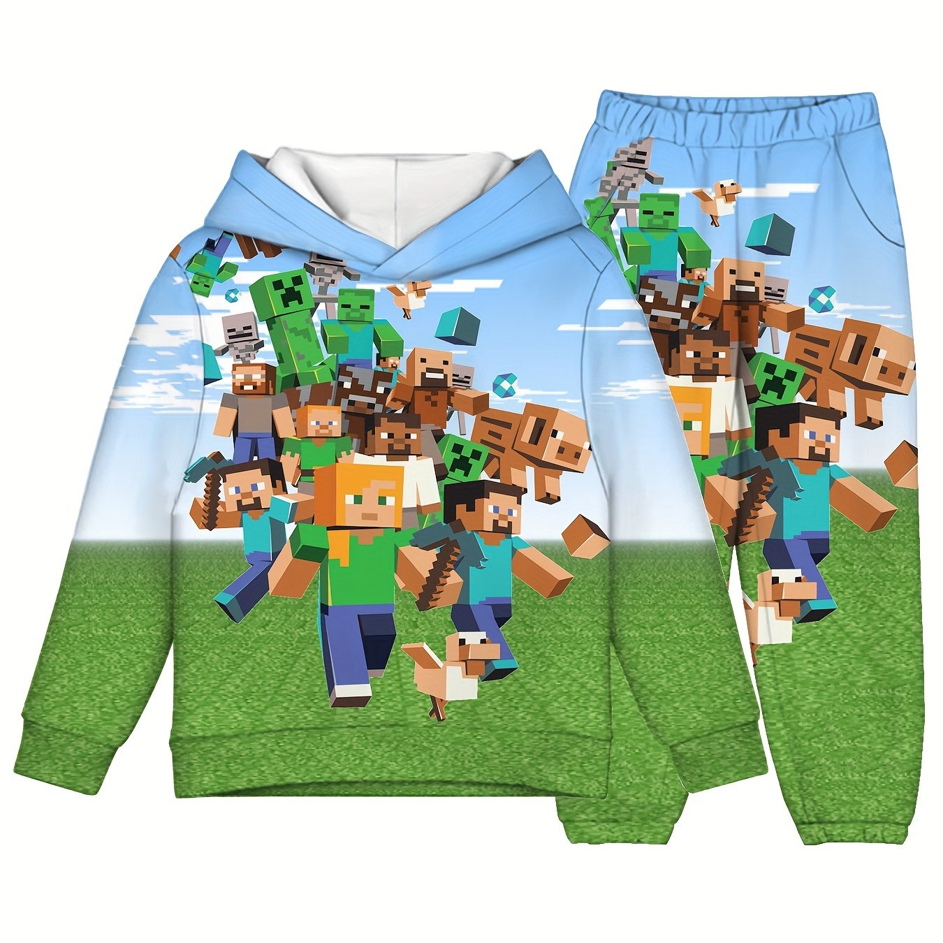 Boy's Pixel Style Game Hoodie & Pants Set for Fall Winter