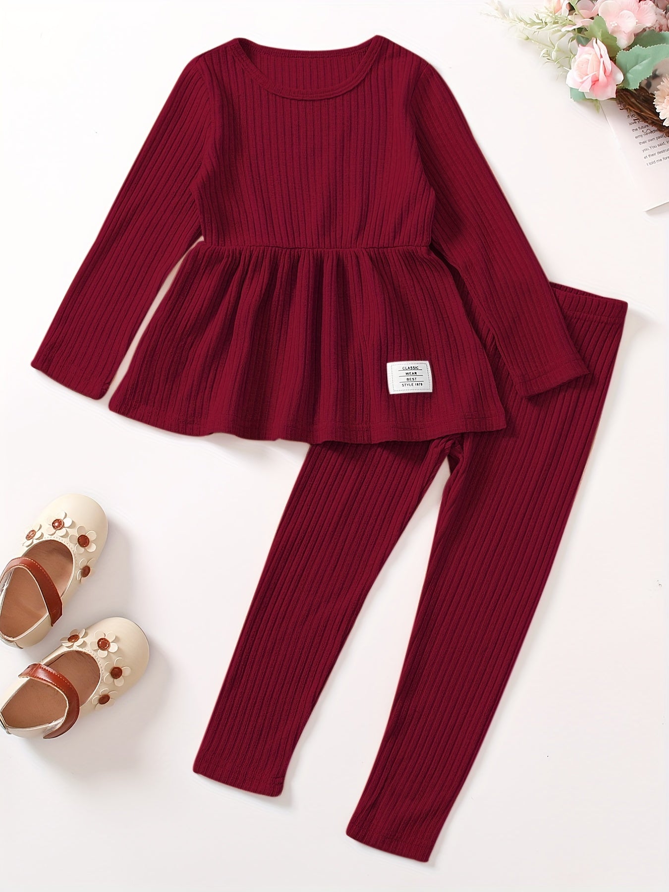 Girl's 2 Piece Outfits Long Sleeve Peplum Tops And Leggings Pants Set