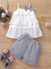 2pcs Lace Camisole Top & Elastic Waist Striped Shorts Set