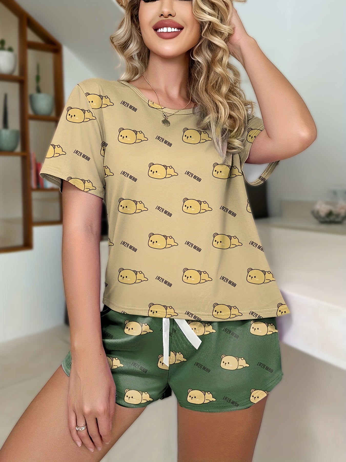Bear Print Pajama Set Short Sleeve Top & Shorts