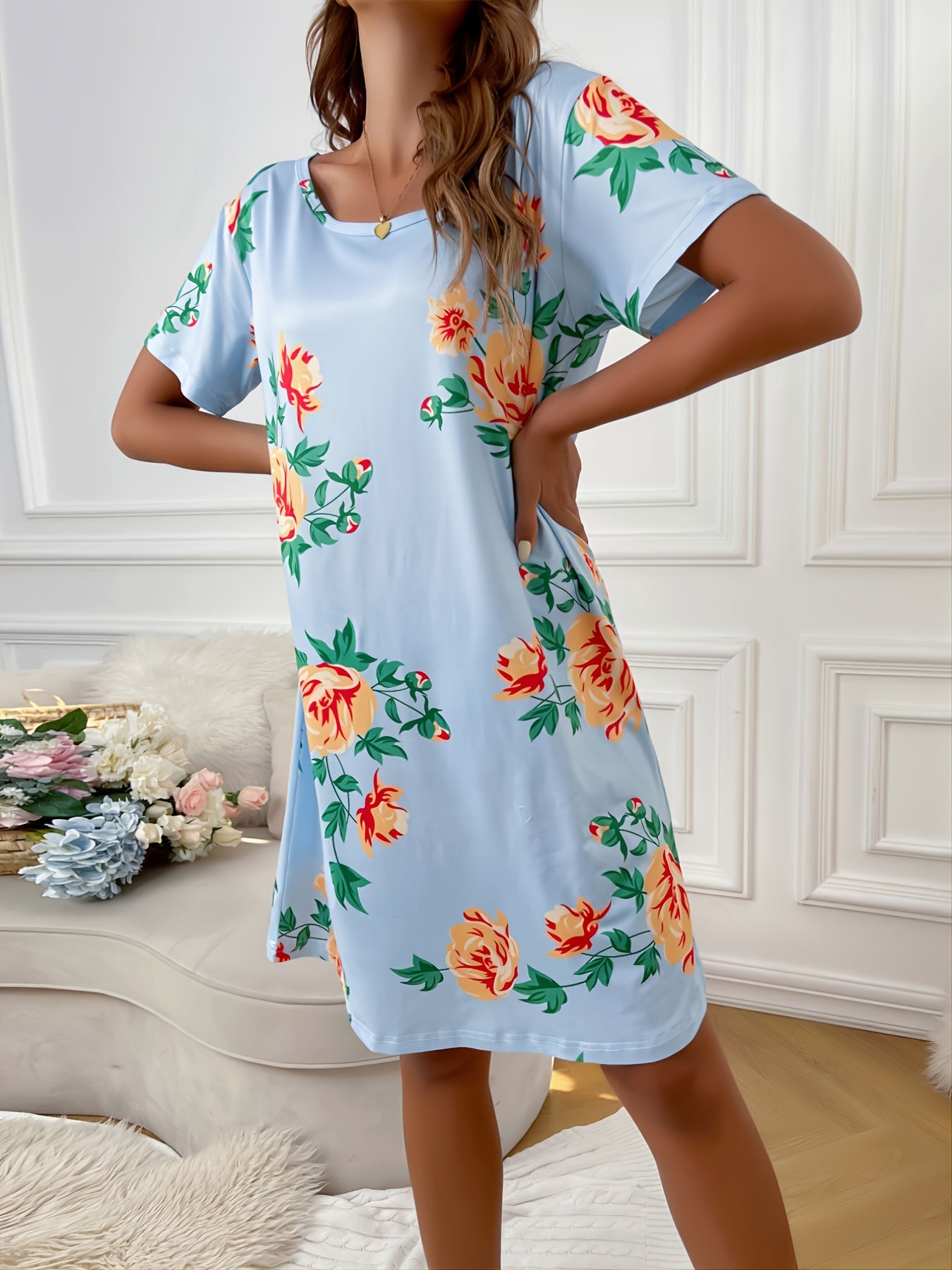 Floral Print Nightdress Boat Neck Short Sleeve Loose Sleep Dress