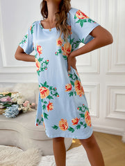 Floral Print Nightdress Boat Neck Short Sleeve Loose Sleep Dress