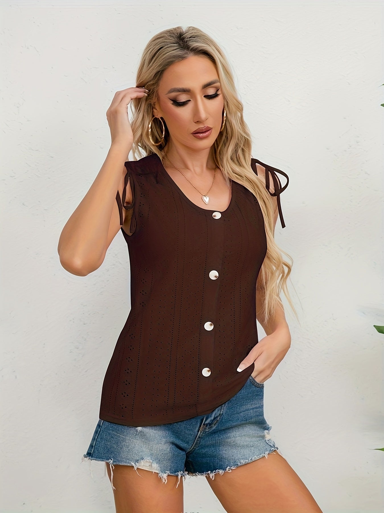 Eyelet Embroidered Tank Top Sleeveless Casual Top For Summer & Spring