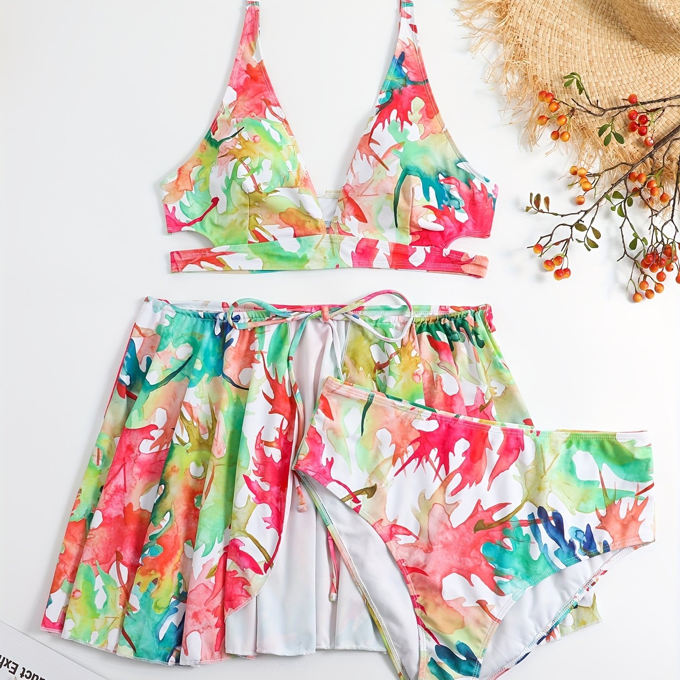 Vacay Swimsuit Set Allover Print Bra Panty Skirt 3pc Set