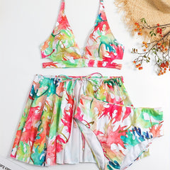 Vacay Swimsuit Set Allover Print Bra Panty Skirt 3pc Set
