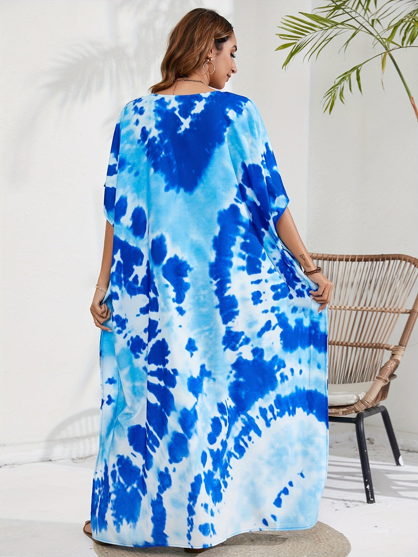 Tie Dye Batwing Sleeve V Neck Maxi Cover Up Dress