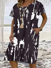 Tie Dye Short Sleeve Round Neck Dress With Pockets