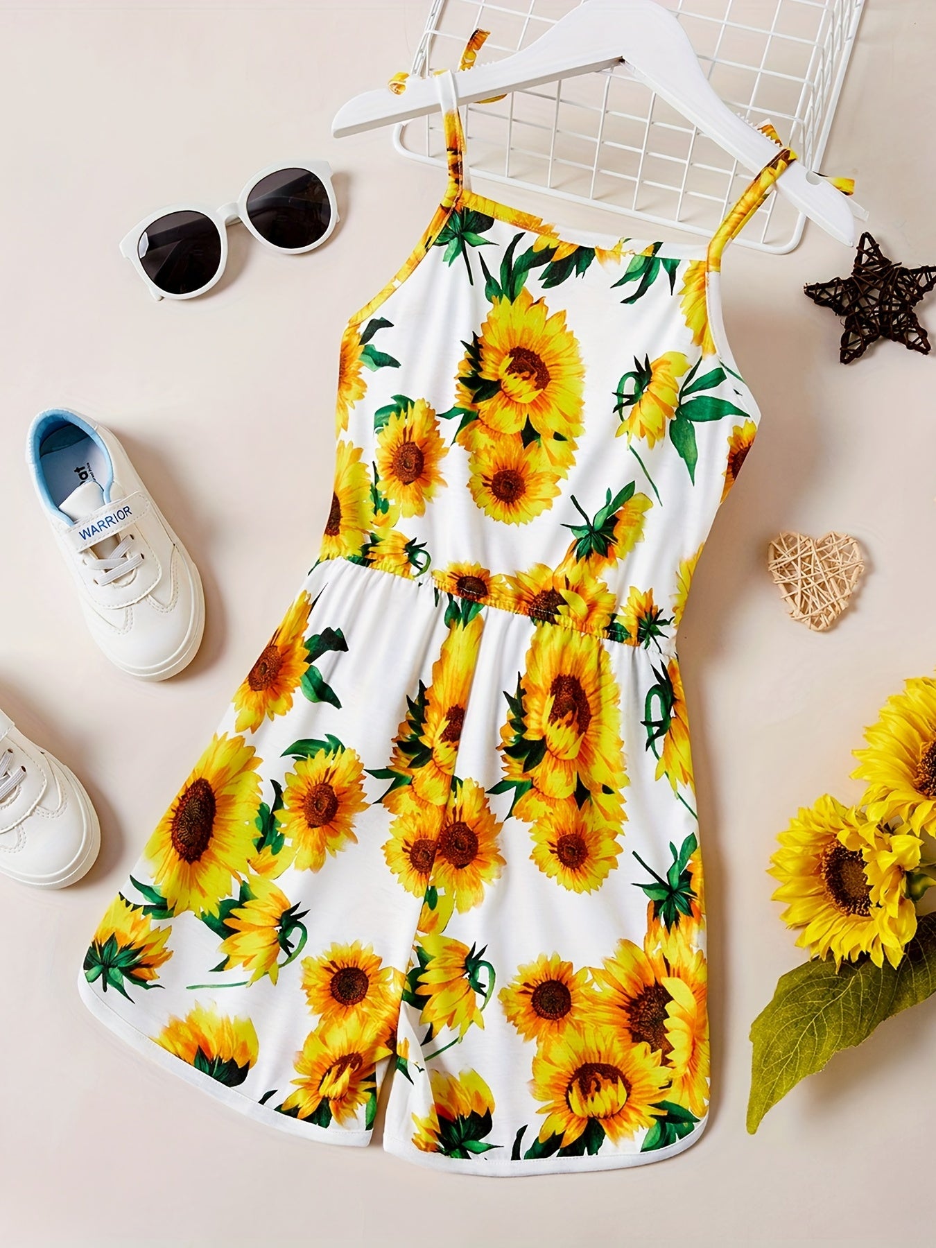 Girls Sunflower Graphic Cami Rompers Jumpsuits For Beach Vacation