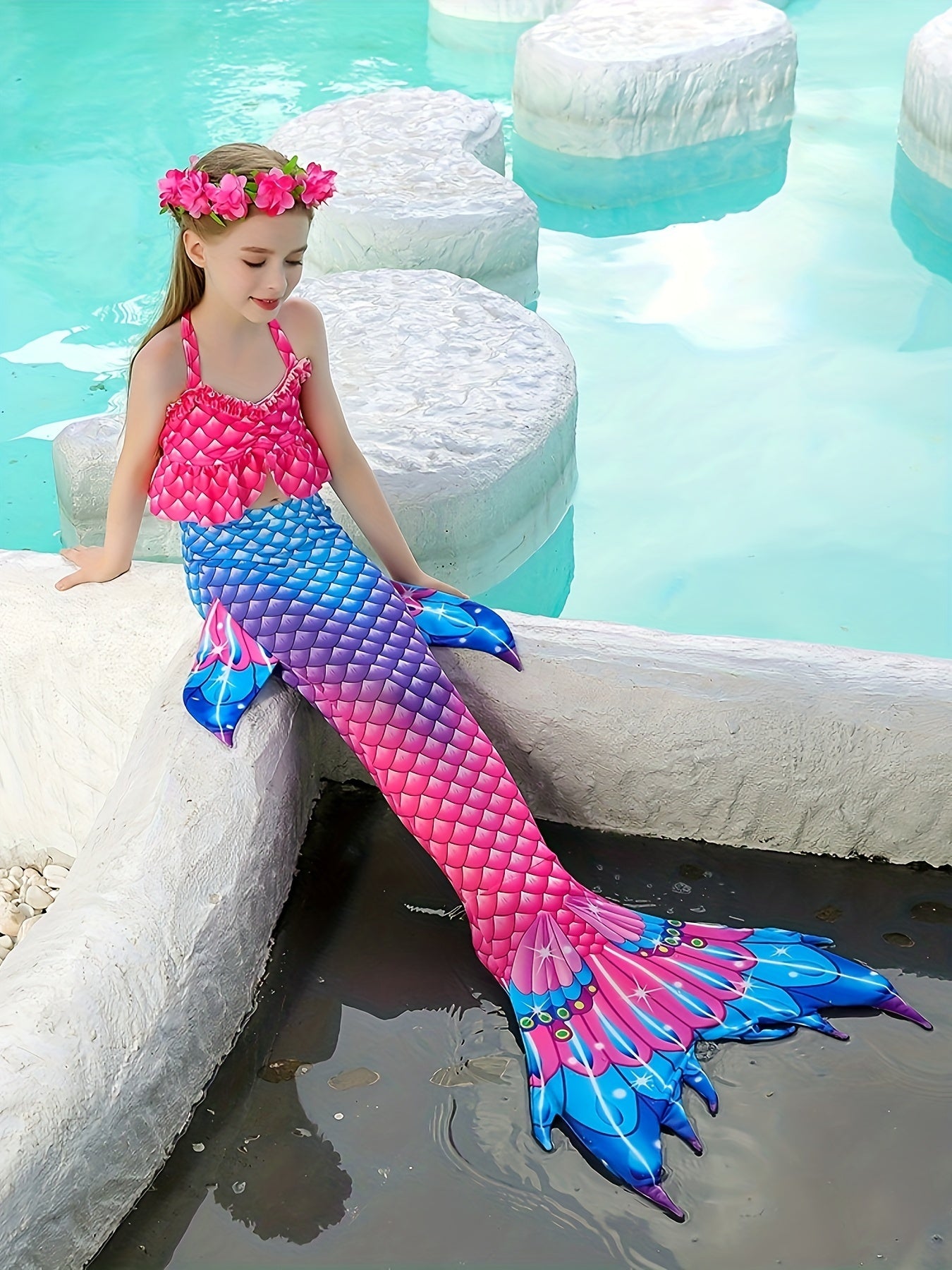 3pcs Mermaid Swimsuit Set & Tail in Tie Dye Fish Scale