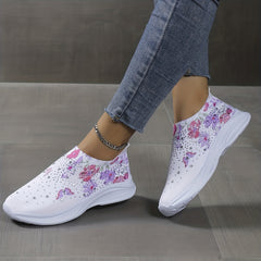 Floral Butterfly Sneakers Rhinestone Decor Slip On Knit Sock Shoes