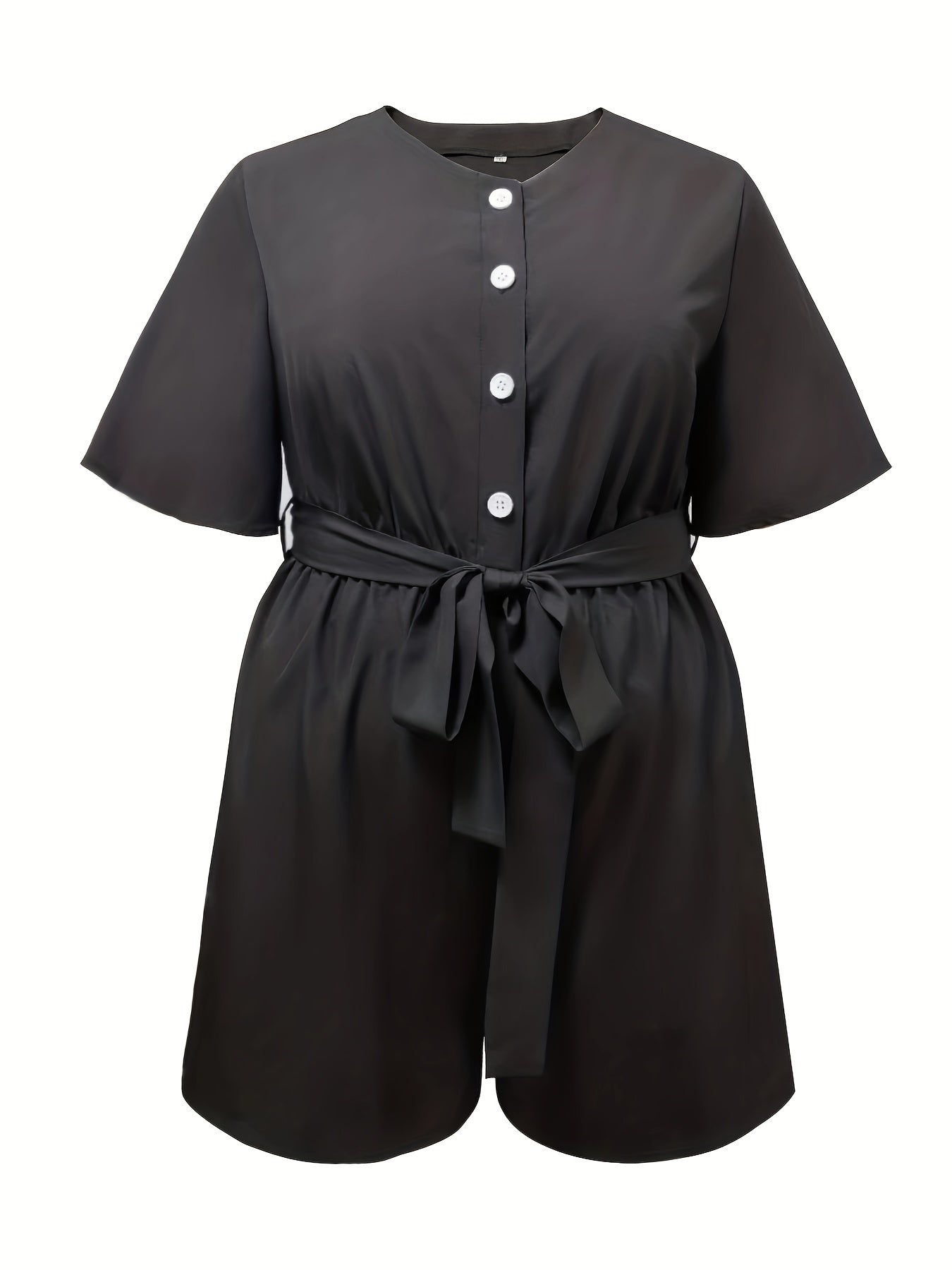 Women's Plus Size Solid V Neck Romper with Pockets & Belt