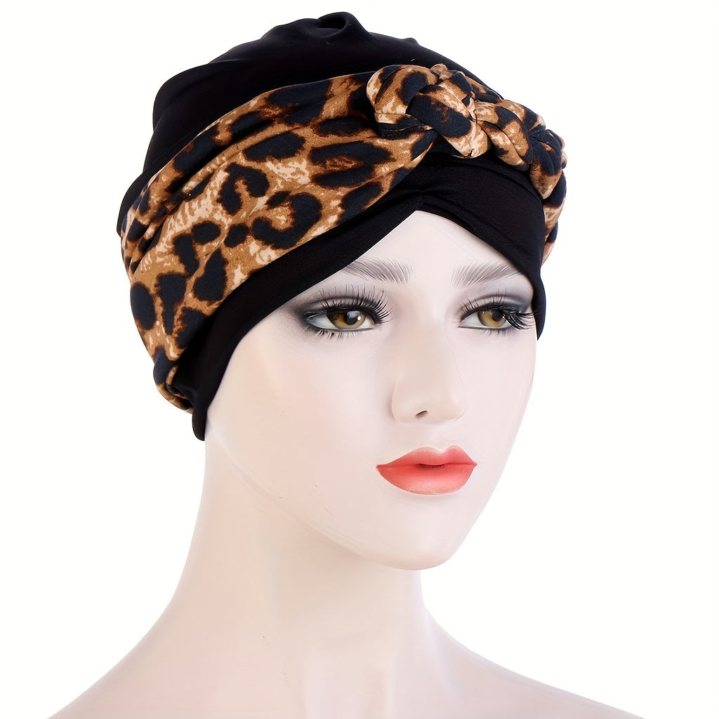 Leopard Flower Print Turban Cap Ramadan Braided Headwrap Head Scarf